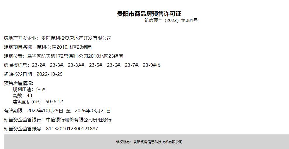 拿证信息 | 保利·公园2010项目获商品房预售证