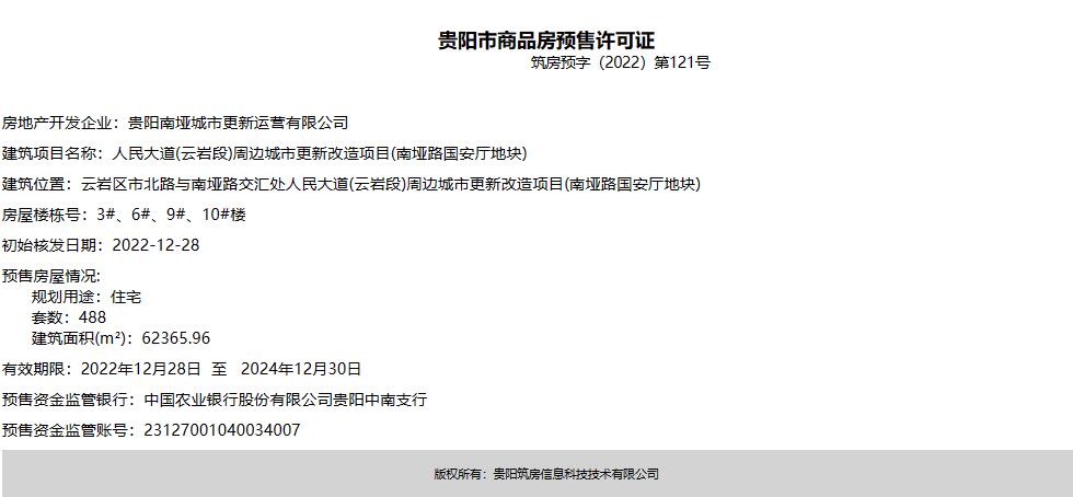 拿证信息 | 人民大道(云岩段)周边城市更新改造项目获商品房预售证，共488套住宅准予入市销售