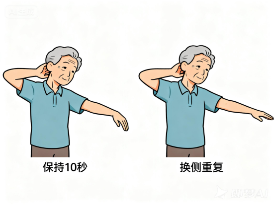 jimeng-2026-03-09-1760-一个中老年人第一个是颈部牵伸。用右手放在左耳后，左手向前伸直，然后右手轻轻用力让...