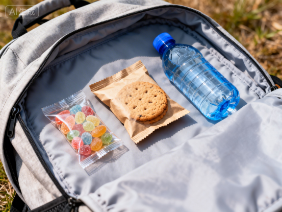 jimeng-2026-04-03-1416-出门前，往包里塞三样包装好的东西东西——一块糖、一块饼干、一瓶水表现图，不要有人...