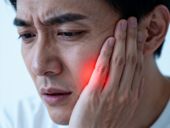 jimeng-2026-04-14-3674-牙不舒服捂住脸的局部特写，疼痛的地方发出红色预警，不能有表情！不能有表情不能有表...